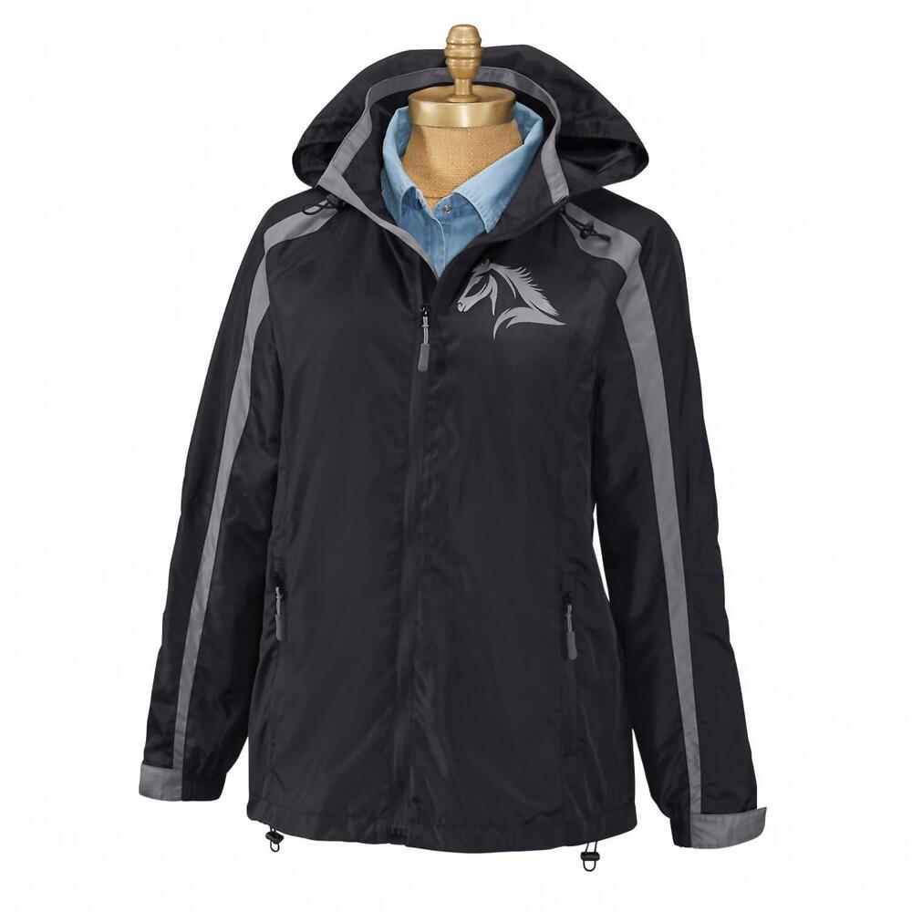 NEW BACK IN THE SADDLE women's horse print windbreaker in black